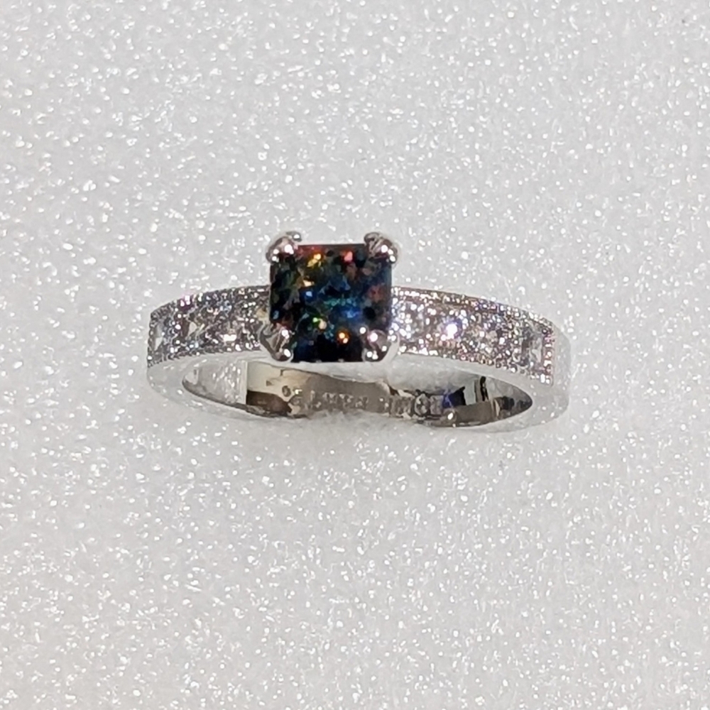 New Bomb Party Stunning Princess Cut Rainbow CZ Rhodium Plated Size 11 Ring